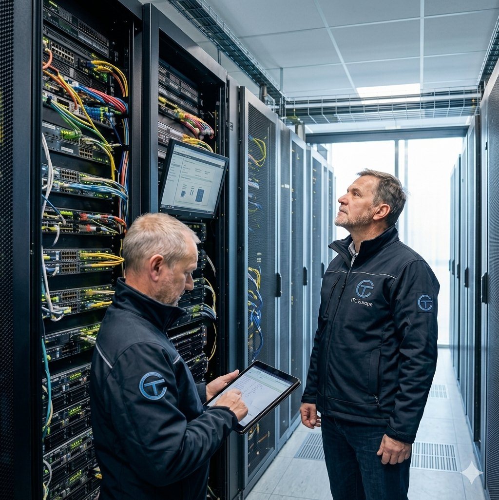 Inżynierowie ITC Europe podczas audytu w serwerowni — pomiar na żywo na tablecie, weryfikacja parametrów na monitorze szaf rack.