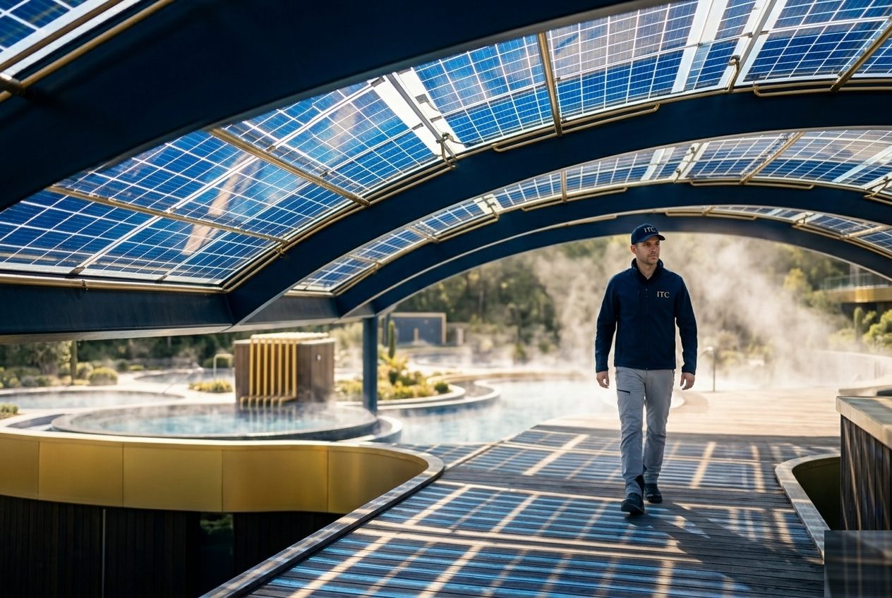 Fotowoltaika dachowa nad obiektem wielofunkcyjnym — tego typu instalacja może znaleźć się na dachu termalnego aquaparku.