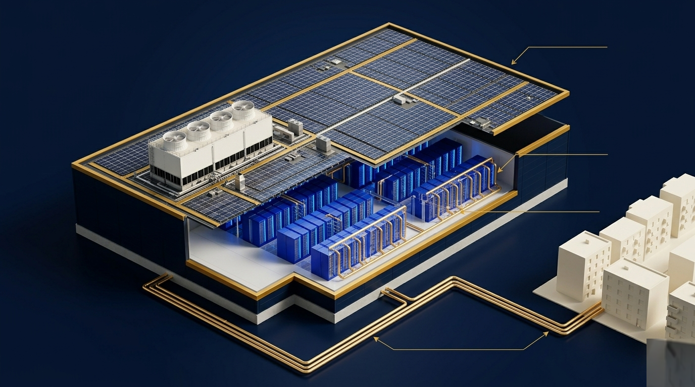 Konzept eines nachhaltigen Rechenzentrums — PV, Flüssigkühlung und Fernwärmeanschluss