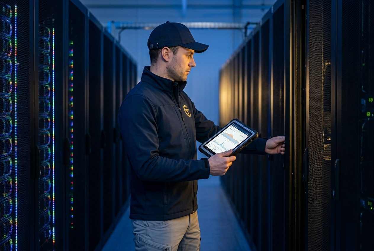 ITC Europe Ingenieur bei Messungen im Serverraum — Live-Verifikation am Tablet.