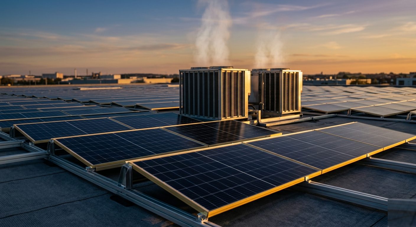 Close-up of rooftop PV panels and adiabatic cooling units with rising steam