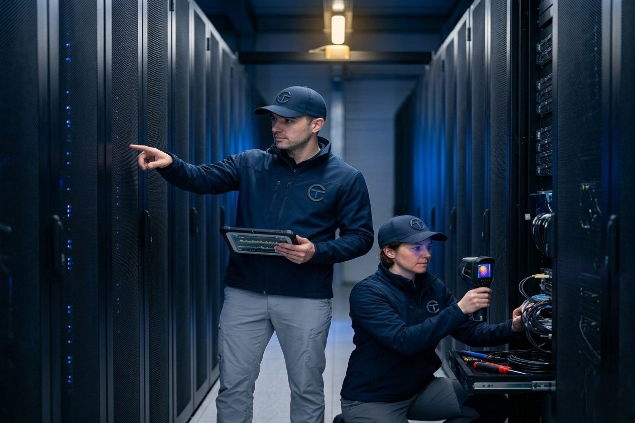 ITC Europe team in a data hall — two engineers during a live audit, thermal imaging camera and tablet with live measurements