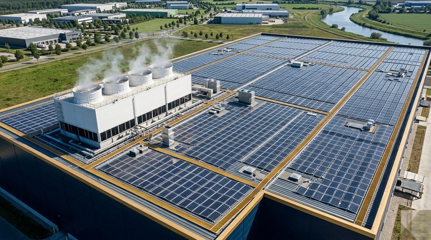 Dachinfrastruktur eines modernen Rechenzentrums — PV-Deck und Kühltürme